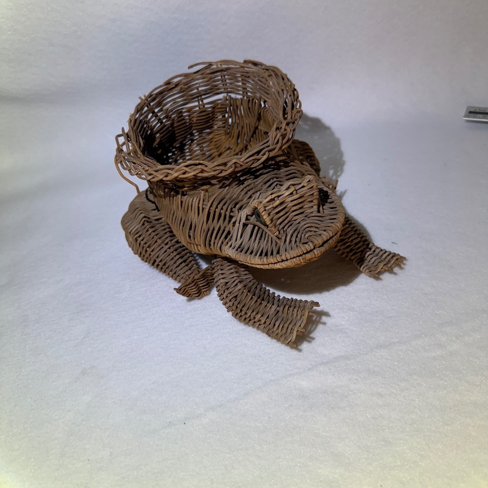 Vintage Wicker Frog Basket Hand Woven Toad Figurine Boho Cottagecore Decor
